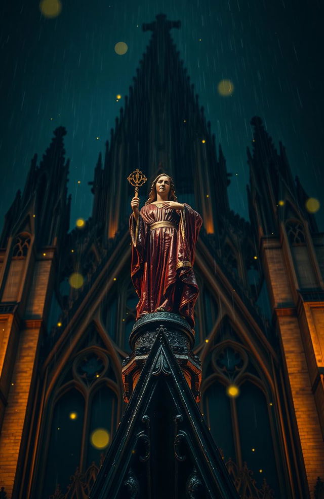 A dramatic perspective of a stained blood statue of a saint standing high atop a cathedral, under pouring rain at night