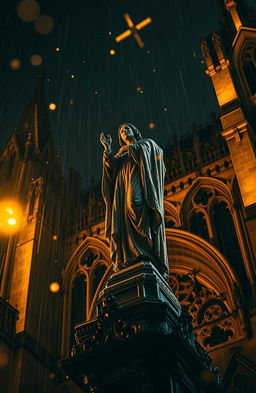 A dramatic perspective of a stained blood statue of a saint standing high atop a cathedral, under pouring rain at night