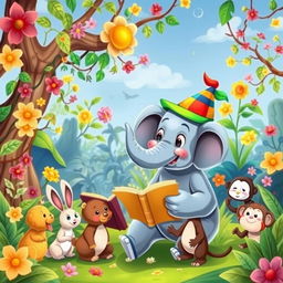 A captivating illustration for children's stories, featuring a cheerful animal kingdom