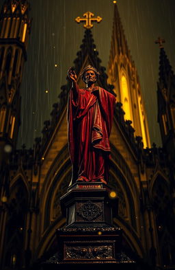 A dramatic perspective of a stained blood statue of a saint standing high atop a cathedral, under pouring rain at night