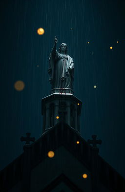 A dramatic perspective of a blood-stained statue atop a cathedral under rain at nighttime