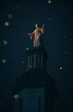 A dramatic perspective of a blood-stained statue atop a cathedral under rain at nighttime