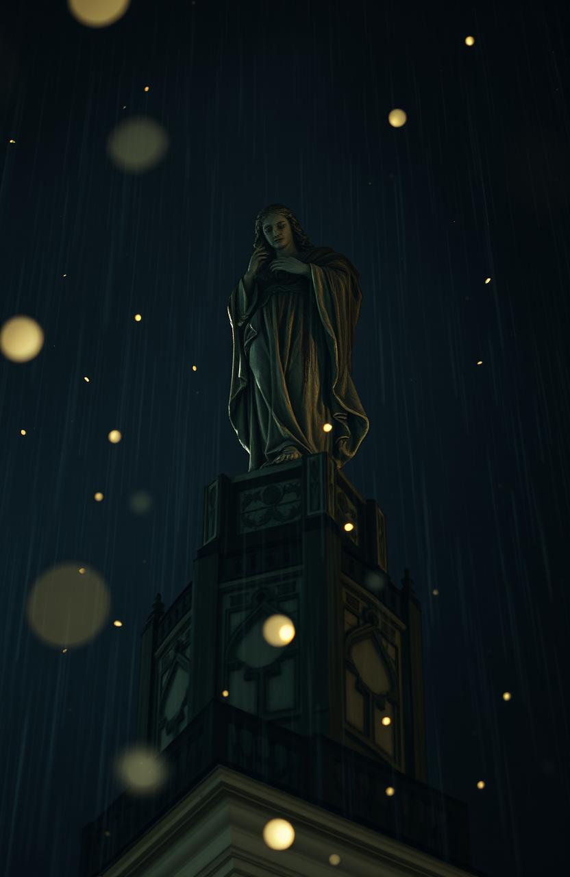 A dramatic perspective of a blood-stained statue atop a cathedral under rain at nighttime