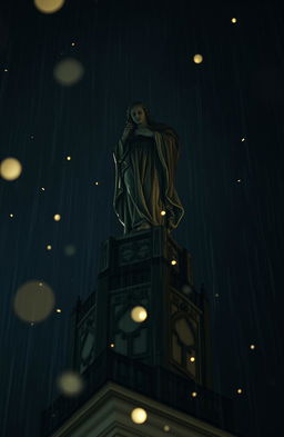 A dramatic perspective of a blood-stained statue atop a cathedral under rain at nighttime