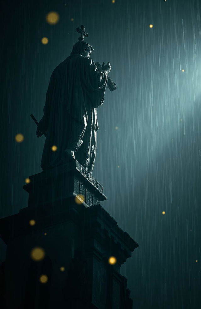 A dramatic perspective of a blood-stained statue atop a cathedral under rain at nighttime