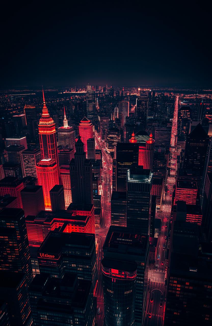 A stunning aerial view of a vibrant city skyline at night, showcasing dazzling city lights predominantly in shades of red