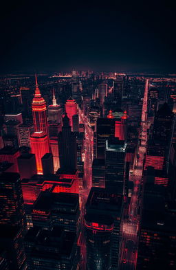 A stunning aerial view of a vibrant city skyline at night, showcasing dazzling city lights predominantly in shades of red