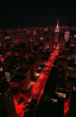 A stunning aerial view of a vibrant city skyline at night, showcasing dazzling city lights predominantly in shades of red