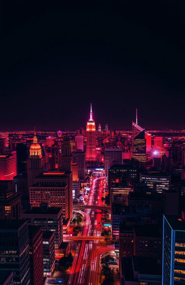 A stunning aerial view of a vibrant city skyline at night, showcasing dazzling city lights predominantly in shades of red