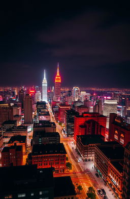 A stunning aerial view of a vibrant city skyline at night, showcasing dazzling city lights predominantly in shades of red
