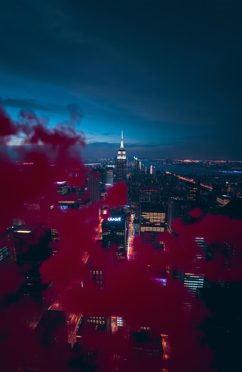 A breathtaking view of a vibrant city skyline at night, seen from the perspective of a high-rise building