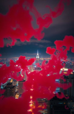 A breathtaking view of a vibrant city skyline at night, seen from the perspective of a high-rise building