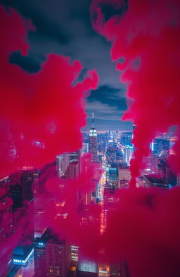 A breathtaking view of a vibrant city skyline at night, seen from the perspective of a high-rise building