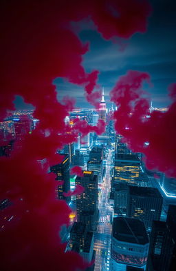 A breathtaking view of a vibrant city skyline at night, seen from the perspective of a high-rise building