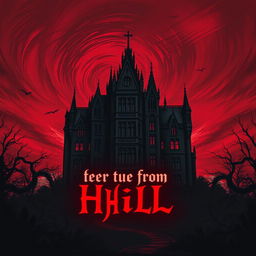 A big, dark, sketchy mansion looming ominously against a dramatic bloody sky, filled with swirling shades of red and deep crimson