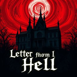 A big, dark, sketchy mansion looming ominously against a dramatic bloody sky, filled with swirling shades of red and deep crimson