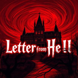 A big, dark, sketchy mansion looming ominously against a dramatic bloody sky, filled with swirling shades of red and deep crimson