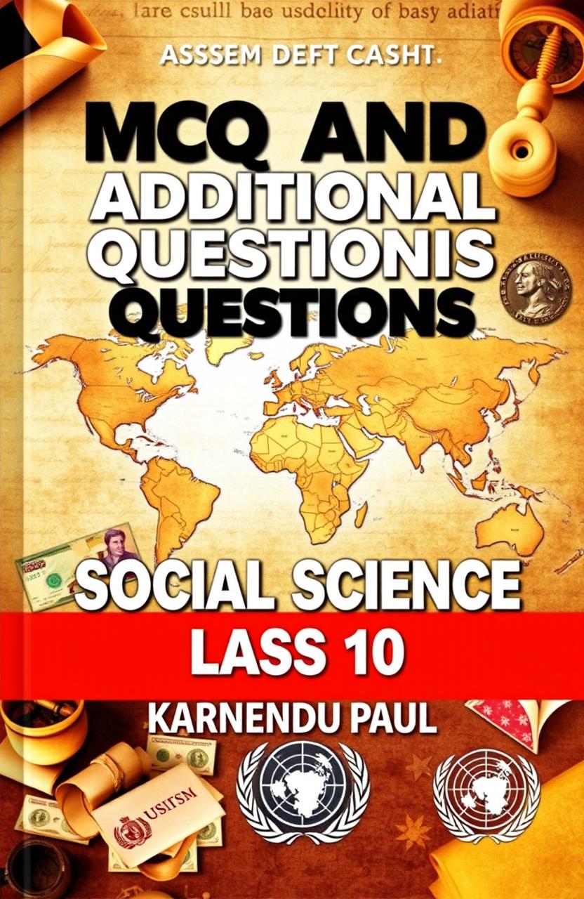 A vibrant A4 book cover featuring the highlighted text "MCQ AND ADDITIONAL QUESTIONS, SOCIAL SCIENCE, CLASS 10, ASSAM" in bold and prominent fonts
