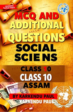 A vibrant A4 book cover featuring the highlighted text "MCQ AND ADDITIONAL QUESTIONS, SOCIAL SCIENCE, CLASS 10, ASSAM" in bold and prominent fonts