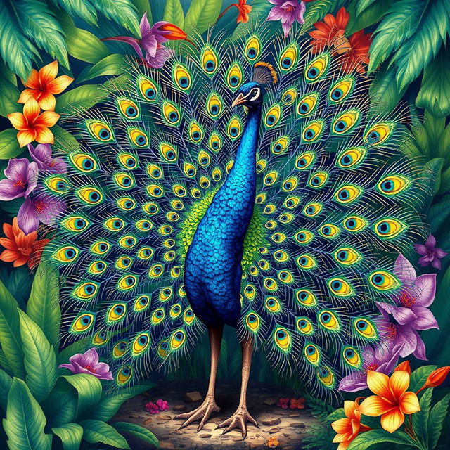 A highly detailed and vivid illustration of a majestic peacock displaying its vibrant, colorful feathers in full fan