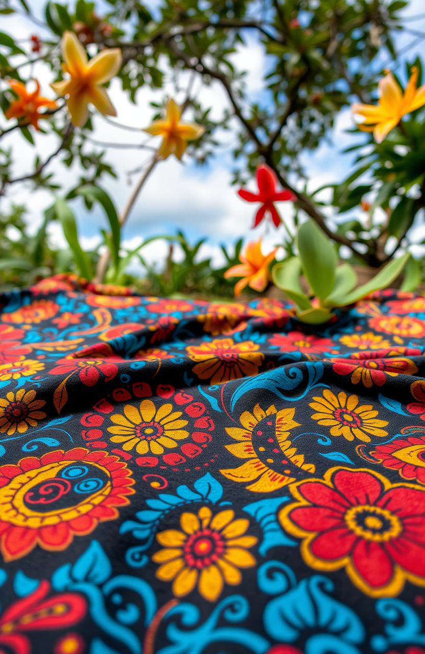 A beautifully intricate Indonesian Batik pattern featuring traditional motifs, vibrant colors including deep blues, rich reds, and bright yellows, showcasing organic shapes and floral designs, with an artistic touch that reflects the cultural heritage of Indonesia