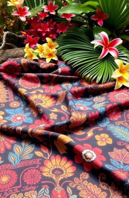A beautifully intricate Indonesian Batik pattern featuring traditional motifs, vibrant colors including deep blues, rich reds, and bright yellows, showcasing organic shapes and floral designs, with an artistic touch that reflects the cultural heritage of Indonesia