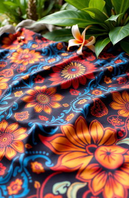 A beautifully intricate Indonesian Batik pattern featuring traditional motifs, vibrant colors including deep blues, rich reds, and bright yellows, showcasing organic shapes and floral designs, with an artistic touch that reflects the cultural heritage of Indonesia
