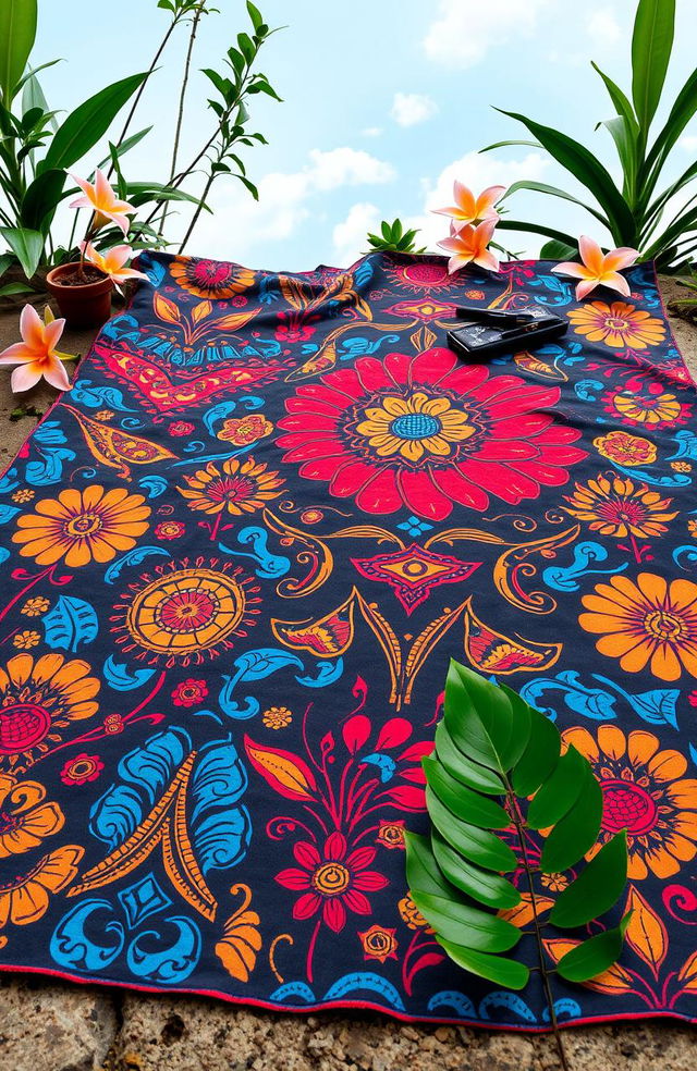 A beautifully intricate Indonesian Batik pattern featuring traditional motifs, vibrant colors including deep blues, rich reds, and bright yellows, showcasing organic shapes and floral designs, with an artistic touch that reflects the cultural heritage of Indonesia