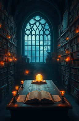 A mysterious old library filled with towering shelves of ancient books, dimly lit by flickering candles casting dancing shadows on the stone walls