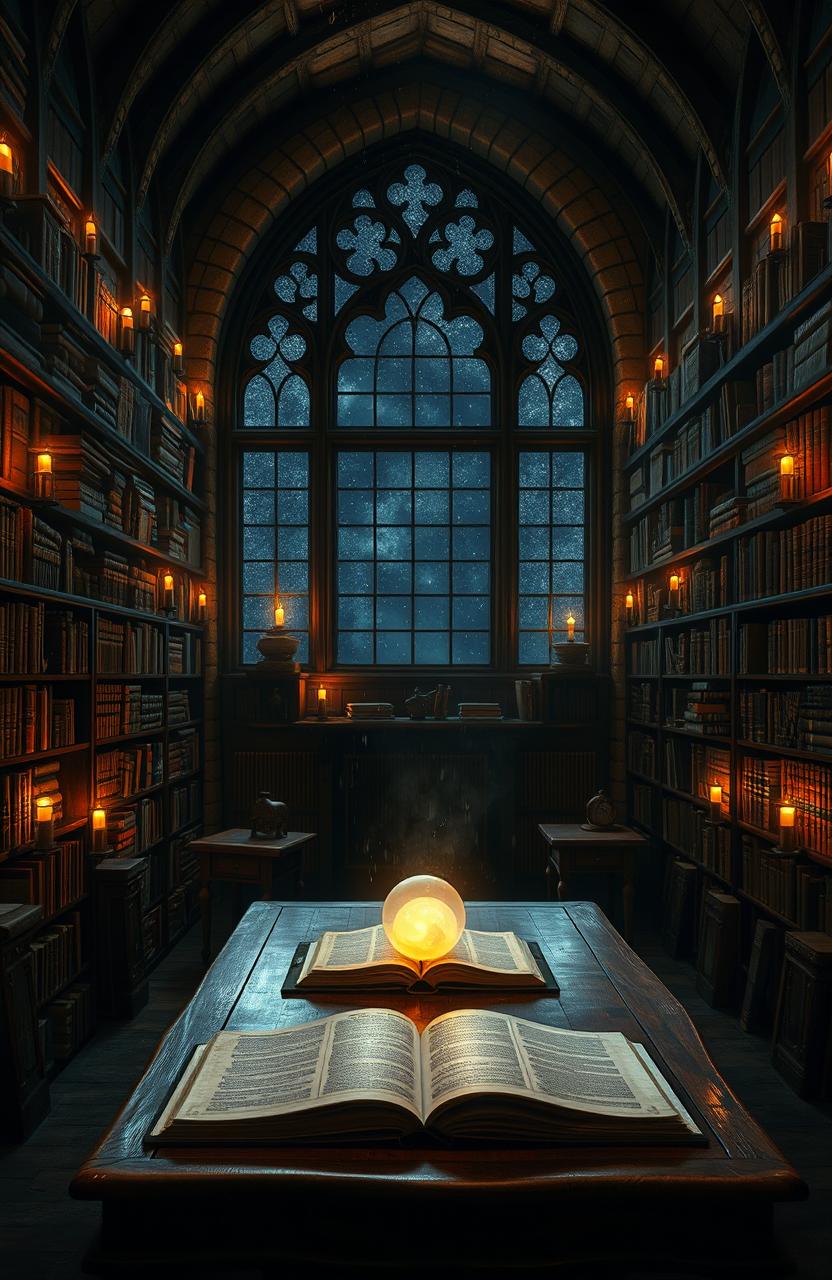 A mysterious old library filled with towering shelves of ancient books, dimly lit by flickering candles casting dancing shadows on the stone walls