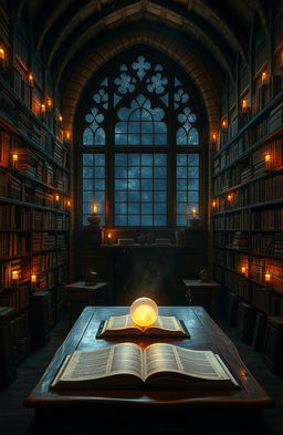 A mysterious old library filled with towering shelves of ancient books, dimly lit by flickering candles casting dancing shadows on the stone walls