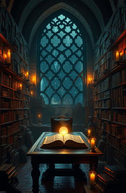 A mysterious old library filled with towering shelves of ancient books, dimly lit by flickering candles casting dancing shadows on the stone walls