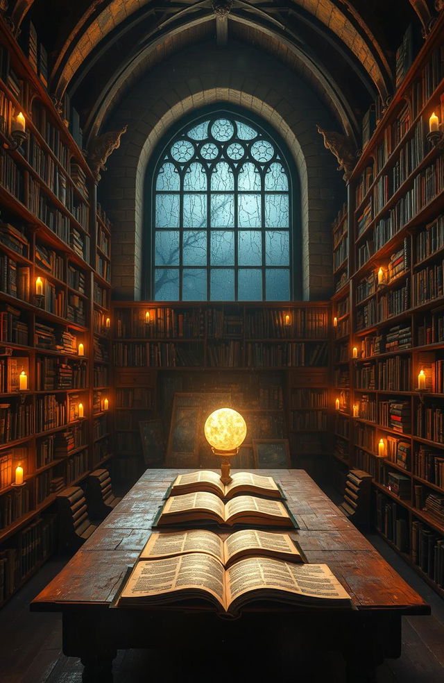 A mysterious old library filled with towering shelves of ancient books, dimly lit by flickering candles casting dancing shadows on the stone walls