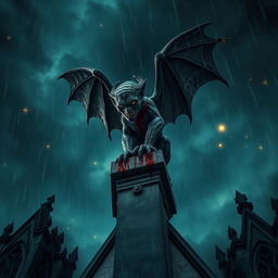 A dramatic perspective of a blood-stained gargoyle perched atop a cathedral, under a night sky filled with dark, heavy clouds