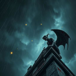 A dramatic perspective of a blood-stained gargoyle perched atop a cathedral, under a night sky filled with dark, heavy clouds