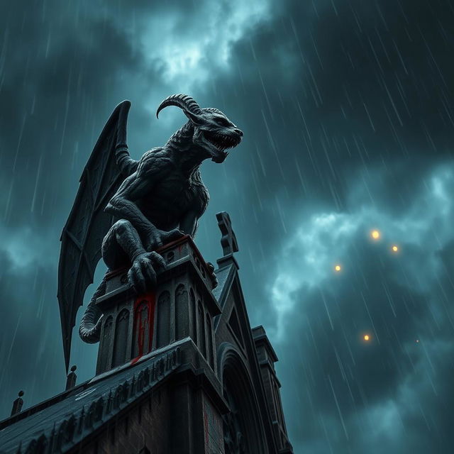 A dramatic perspective of a blood-stained gargoyle perched atop a cathedral, under a night sky filled with dark, heavy clouds