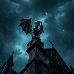 A dramatic perspective of a blood-stained gargoyle perched atop a cathedral, under a night sky filled with dark, heavy clouds
