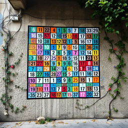 An intricate and creative mural titled 'Sudoku Wall', depicting a large crossword-style Sudoku puzzle filled with vivid colors and artistic patterns in the grid cells