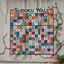 An intricate and creative mural titled 'Sudoku Wall', depicting a large crossword-style Sudoku puzzle filled with vivid colors and artistic patterns in the grid cells