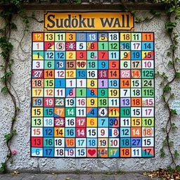 An intricate and creative mural titled 'Sudoku Wall', depicting a large crossword-style Sudoku puzzle filled with vivid colors and artistic patterns in the grid cells