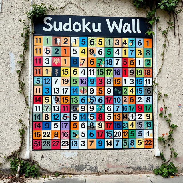 An intricate and creative mural titled 'Sudoku Wall', depicting a large crossword-style Sudoku puzzle filled with vivid colors and artistic patterns in the grid cells