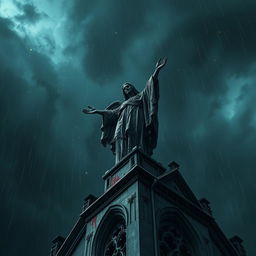 A dramatic perspective of a blood-stained statue atop a cathedral, set against a night sky filled with dark, brooding clouds