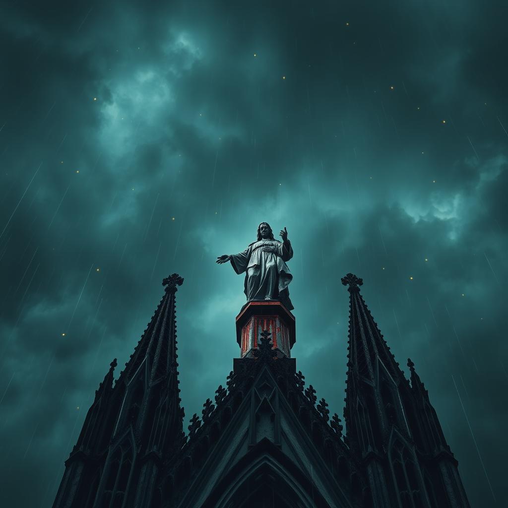 A dramatic perspective of a blood-stained statue atop a cathedral, set against a night sky filled with dark, brooding clouds