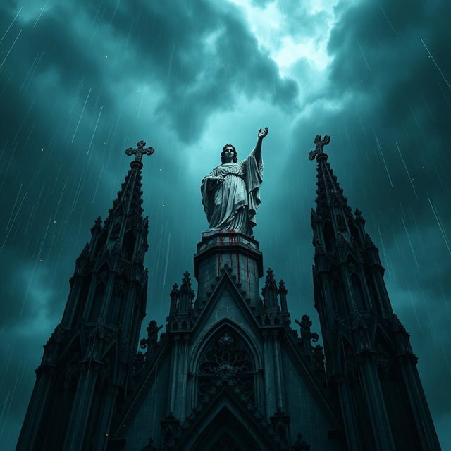 A dramatic perspective of a blood-stained statue atop a cathedral, set against a night sky filled with dark, brooding clouds