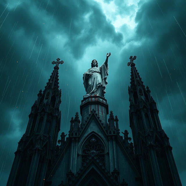 A dramatic perspective of a blood-stained statue atop a cathedral, set against a night sky filled with dark, brooding clouds