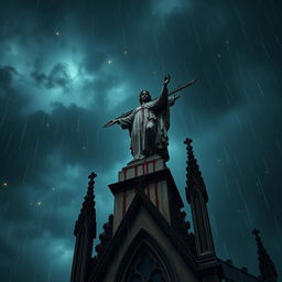 A dramatic perspective of a blood-stained statue atop a cathedral, set against a night sky filled with dark, brooding clouds