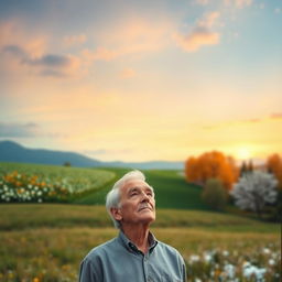 A serene landscape showcasing the four seasons: vibrant spring flowers blooming, a lush green summer meadow, autumn leaves in shades of orange and gold, and a snowy winter scene