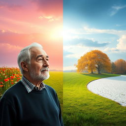 A serene landscape showcasing the four seasons: vibrant spring flowers blooming, a lush green summer meadow, autumn leaves in shades of orange and gold, and a snowy winter scene