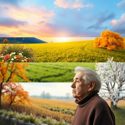 A serene landscape showcasing the four seasons: vibrant spring flowers blooming, a lush green summer meadow, autumn leaves in shades of orange and gold, and a snowy winter scene