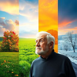 A serene landscape showcasing the four seasons: vibrant spring flowers blooming, a lush green summer meadow, autumn leaves in shades of orange and gold, and a snowy winter scene